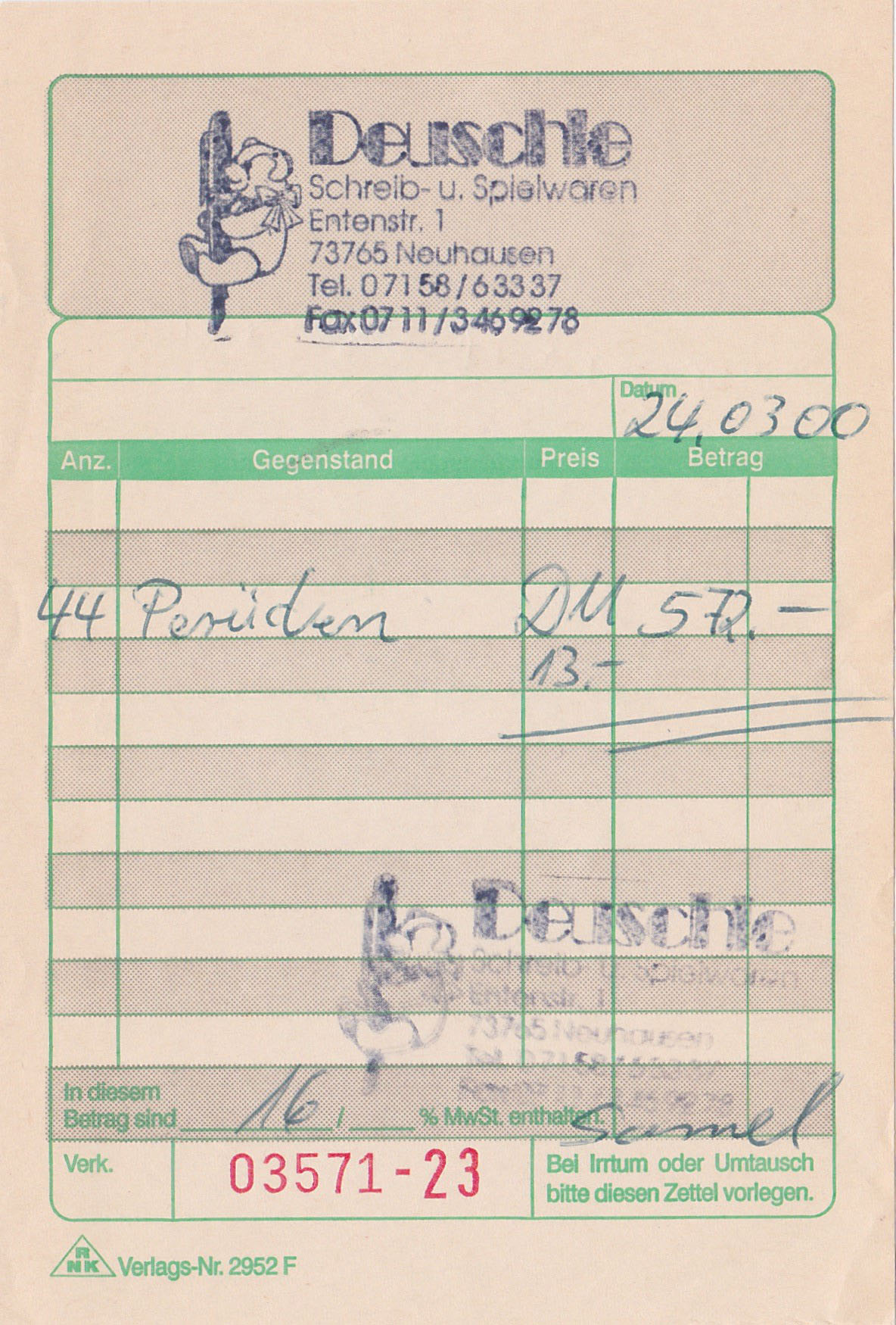 2000 Quittung Schweineperücken